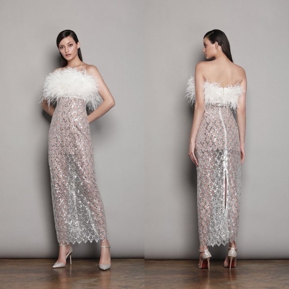 Bronx & Banco Afiyá x Coco Feather Sequin Midi Dress White Silver Size Large NWT - Picture 7 of 8